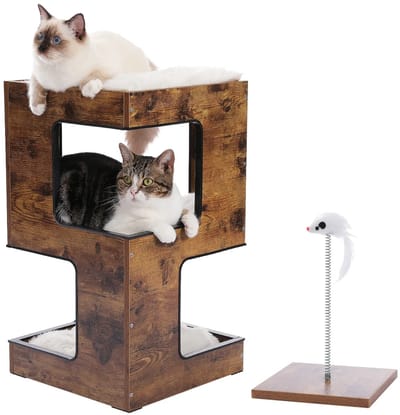 MakkelijkMooi Houten Kattenmeubel met Ligplaatsen en Krabplank - Kattenhuis - Comfortabele Rustplekken - Uitneembare Krabplank - Bruin
