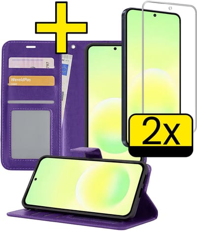 Hoesje - Met 2x Screenprotector - Geschikt voor Samsung Galaxy A57 - Luxe Pasjeshouder - Bookcase Portemonee - Flip Case - Kunstleer Book Case - Flipcase Hoes - Book Cover - Walletcase - Portemonneehoes - Telefoonhoesjes - Paars