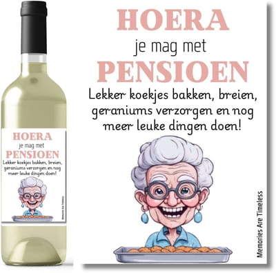 Wijnetiket pensioen vrouw – humor cadeau – koekjes & geraniums – 10,5 x 14,8 cm