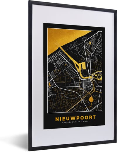 Fotolijst incl. Poster - Kaart - Stadskaart - Plattegrond - Nieuwpoort - Goud - 40x60 cm - Posterlijst