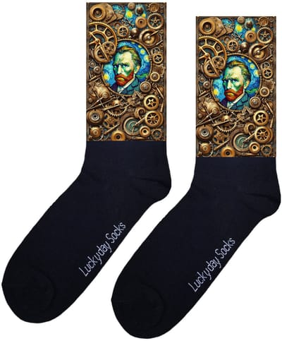 LuckyDay Socks - van Gogh - Portret - Steampunk sokken - Tandwielen print - Verjaardag cadeau - Kunst sokken - Vrolijke sokken - Schilderij sokken - Kerst sokken - Grappige sokken - Leuke dames en heren sokken - Moederdag - Vaderdag