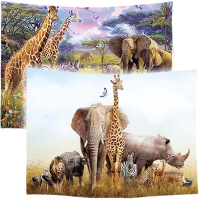 Ulticool – Wandkleed - Safari Dieren Natuur Giraffe Olifant – Set van 2 designs - 73 cm x 95 cm – Schilderij Wandtapijt Stof – Poster Art – Kaki Beige