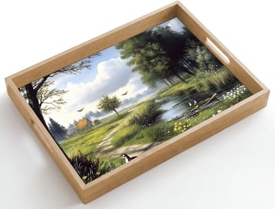Dienblad hout 50x35 cm - Schootdienblad - Zandpad - Groen landschap - Water - Borrelplank rechthoek - Plateau dienbladen