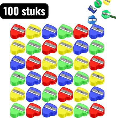 100 stuks - Schrijfwaren - Puntenslijpers - Mini Potloodslijper - Kantoorartikelen - 4 Kleuren Handmatige Slijper voor School en Kantoor - Enkel Gat Design voor Standaard Potloden - Veilig Plastic - Gemengde kleuren - Hartvorm