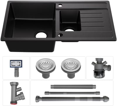 CECIPA MAX Spoelbak voor keuken 86x45CM - Granieten Keuken - 1.5 Spoelbakken Keuken - Gootsteen Met Waterafvoersysteem - Wasbak Keuken - Krasvast en Hittebestendig - Zwart
