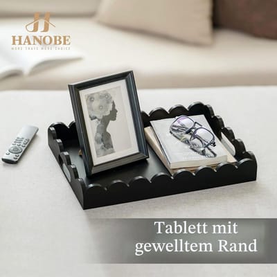 Dienblad groot decoratief dienblad: zwart modern houten dienblad rechthoekig met handvat voor keuken woonkamer - 40x30cm decoratief dienblad hout met golvende rand voor salontafel
