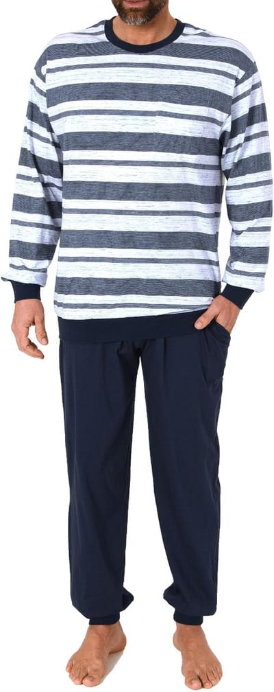 Herenpyjama met lange mouwen en manchetten in edele gemêleerde streepjeslook