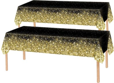 2x Tafelkleed Laken Verjaardag Versiering Tafeldecoratie Feest Zwart/Goud Glitter Tafellaken Plastic Tafelzeil 274*137cm