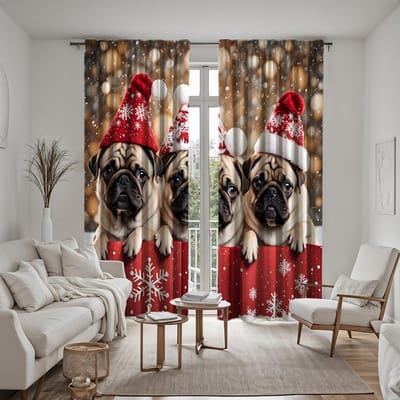 2 stuks HD Kerst Drie puppy's met kerstmuts Decoratief gordijn Rode strik digitaal bedrukt gordijn Huisdecoratie stijl Decor W52H63inchW132H160cm gray