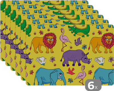 Placemat - Placemats kunststof - Flamingo - Dieren - Patroon - 45x30 cm - 6 stuks - Hittebestendig - Anti-Slip - Onderlegger - Afneembaar