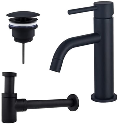 FugaFlow Eccelente Sobrado Badkamer Slim Wastafelkraanset - lage wastafelkraan - always open plug - verlaagde design sifon - Mat zwart