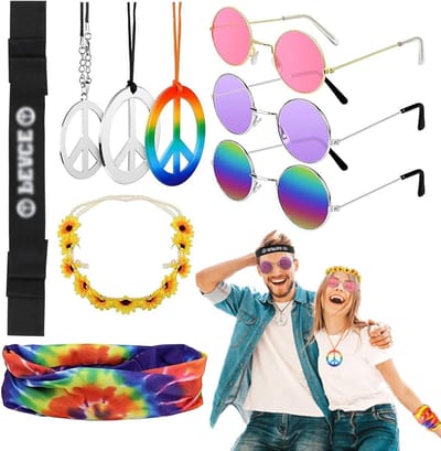 Retro Hippie Kostuum Set met 9 Stukken, Inclusief Zonnebril, Vredesteken Ketting en Kleurrijke Hoofdband voor Feestjes en Themadagen uit de Jaren '60, '70 en '80