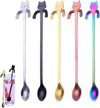 Mini Kat Theelepels met Lange Handgreep - Set van 5 Koffielepels voor Thee, Dessert en Melkshakes in 5 Kleuren