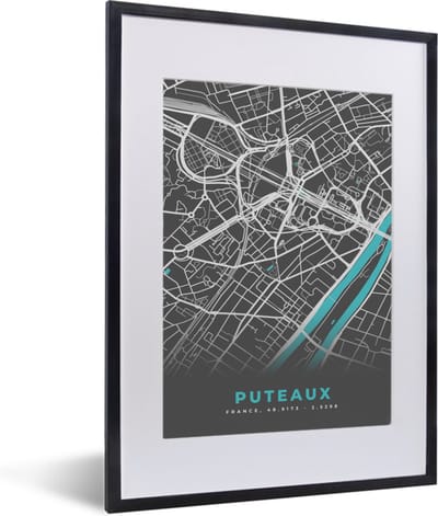 Fotolijst incl. Poster - Puteaux - Stadskaart - Kaart - Plattegrond - Frankrijk - 30x40 cm - Posterlijst