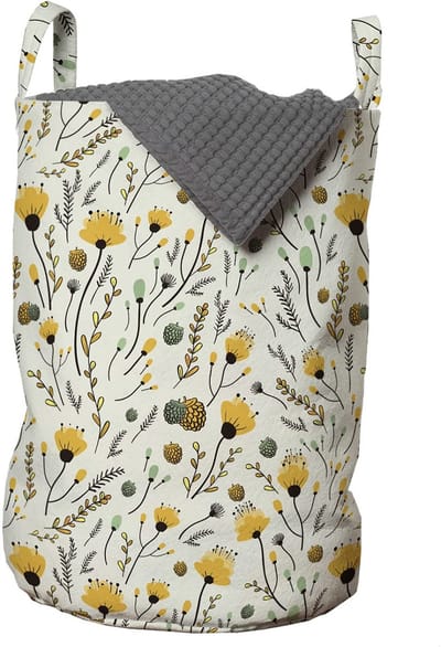 ABAKUHAUS Waszak voor kleuterschool, Gele lentebloemen, Wasmand met handvatten, Trekkoordsluiting voor wasserettes, 33 cm breed x 49 cm hoog, Geel zeegroen en zwart