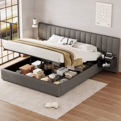 SINGULARITY-Gestoffeerd bed 180 x 200 cm- hydraulisch bed met twee nachtkastjes- lattenbodem van hout- linnen- grijs + zwart- zonder matras