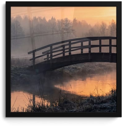 Poster in lijst - Fotolijst 40x40 cm - Posters - Brug - Mist - Bomen - Water - Posterlijst zwart - Decoratie - Wanddecoratie woonkamer - Muurdecoratie slaapkamer