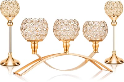 Luxe 3-armige Gouden Kristallen Kandelaars voor Tafeldecoratie en Feestelijke Gelegenheden