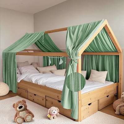 Handgemaakte Bedhemel van 100% Katoen Muslin, Geschikt voor Kinderbedden, Decoratie voor Jongens en Meisjes, Eucalyptus, Set van 2, 65 x 270 cm