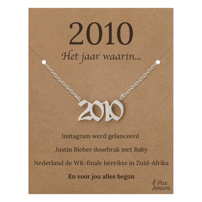 Jaartal 2010 Ketting op Cadeau Kaartje - Zilverkleurig Stainless Steel - 45cm - Met informatie over geboortejaar - Pax Amare