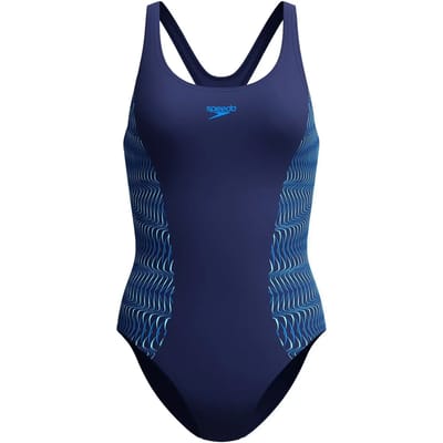 Speedo Placement Medalist 1 Piece Dames Sportbadpak - Badpak Dames met Stretch - Vormvast Zwempak Dames - Sportbadpak Dames met Medalist-rug - Marine/Blauw - 36