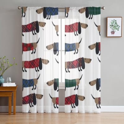 Teckels op geruite achtergrond Transparante gordijnen voor woonkamerraam Transparante voile tule gordijn Slaapkamer gordijnen Woondecoratie 135W x 114H(cm) white
