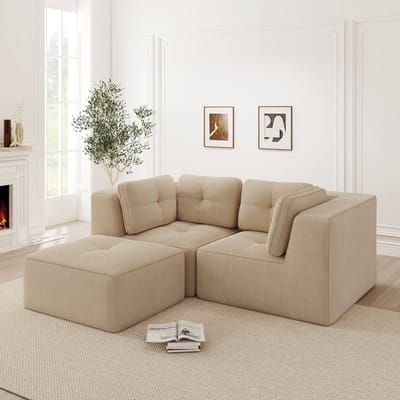 MODENUIT Hoekbank - Modulair Ontwerp Met Verplaatsbare Hocker - Voor Woonkamer En Slaapkamer - Cord Beige
