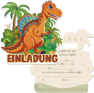 Famanu – Uitnodigingskaarten kinderverjaardag dinosaurus thema, oranje dinosaurus feestuitnodigingen