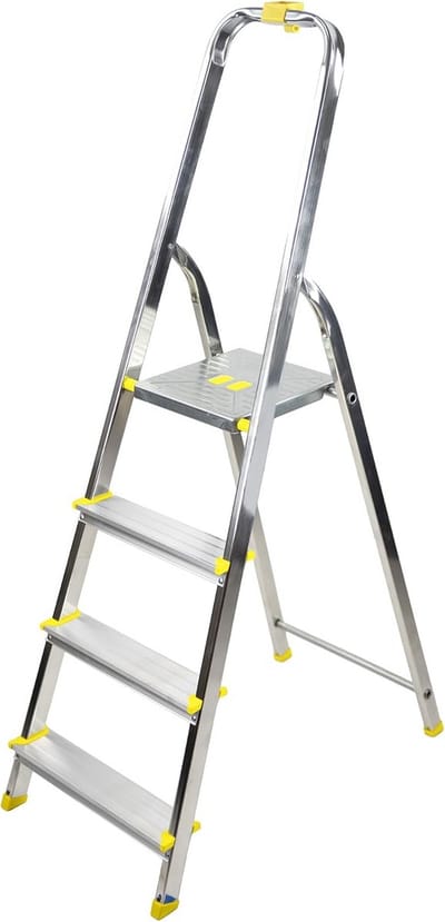 Trapladder Aluminium - Vouwladder Huishoudtrap - Klusjes in Huis - Met Leuning Stabiliteit - 4 Treden 150 kg - Zilver Geel