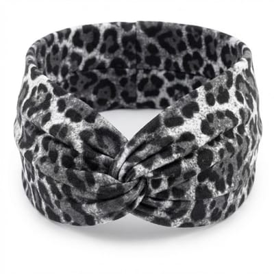 Zwart grijze haarband dames – elastische brede haarband – stoffen haar accessoire met panterprint – modieuze en comfortabele stijl