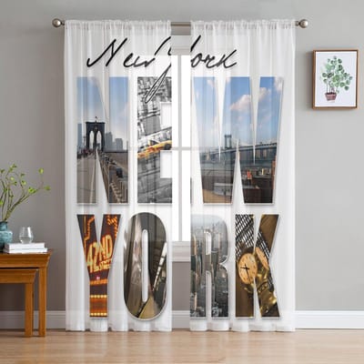 Grijze New York City Transparante Voile Gordijnen Raambekleding voor Keuken Woonkamer Slaapkamer Decoratie Moderne Tule Gordijnen 1 PCS W100XH250cm&Rod Pocket