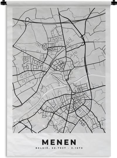 Wandkleed - Wanddoek - Stadskaart – Zwart Wit - Kaart – Menen – België – Plattegrond - 120x180 cm - Wandtapijt