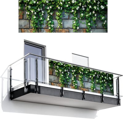 Balkonscherm 300x110 cm - Balkonposter Klimop - Groen - Stenen - Wit - Grijs - Balkon scherm decoratie - Balkonschermen - Balkondoek zonnescherm