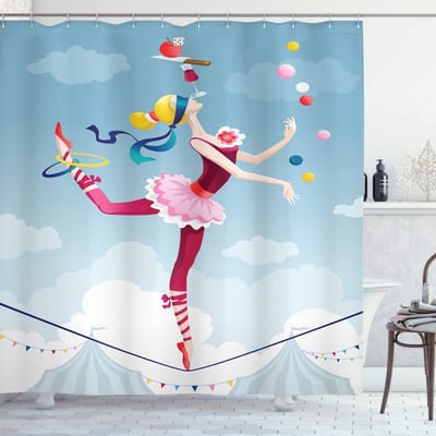 ABAKUHAUS douchegordijn – circus-trapeze – 175×240 cm – Blauw-Grijs-Roze