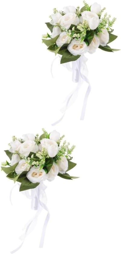 Zerodeko 2 Stuks Bruidsboeket Droogboeket Bloemen Boeket Bloemen Bruiloft Bloemboeketten Kunstmatig Bruiloft Rozenboeket Prom Boeket Bruids Waterval Kunstbloem Bruidsmeisje Wit