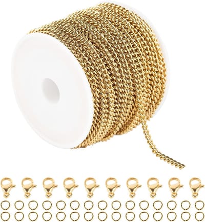 Gouden Roestvrijstalen Ketting op Rol - 10 Meter Curb Chain met Sluitingen voor Sieraden Maken