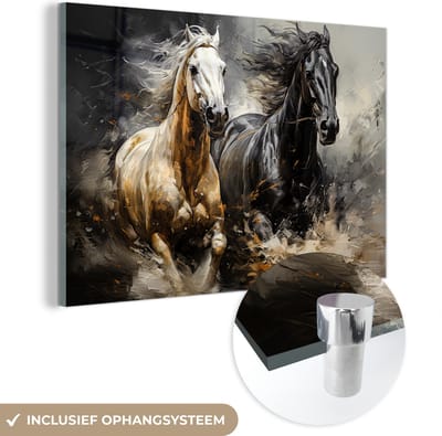 Glasschilderij 90x60 cm - Zwart en wit paard - Foto op glas - Woonkamer schilderij paarden - Schilderijen slaapkamer goud - Gouden kamer decoratie glasplaat - Zwarte wanddecoratie glasschilderijen - muurdecoratie dieren