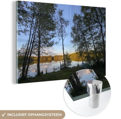 ® Glasschilderij 180x120 cm - Schilderij acrylglas - Silhouetten van bomen in het Nationaal park Tiveden in Zweden - Foto op glas - Muurdecoratie woonkamer - Wanddecoratie slaapkamer - Schilderijen