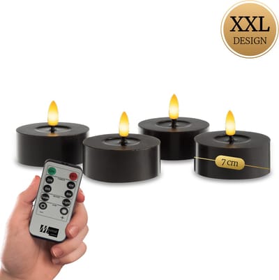 Meisterhome® XXL LED-theelichten 4-delige set Zwart – vlamloze LED kaarsen - flikkerend licht - LED Waxinelichtjes – Ø 7 cm, hoogte 3 cm – gemaakt van echte wax – met timer & afstandsbediening – werkt op batterijen – warm wit licht