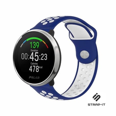 Strap-it Ademend siliconen sport bandje - geschikt voor Polar Unite / Ignite / Ignite 2 / Ignite 3 / Pacer - blauw/wit