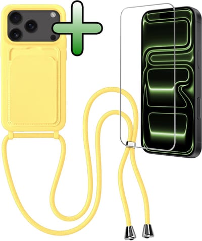 Hoes Geschikt voor iPhone 17 Pro Hoesje Pas Houder Case Hoes Met Koord Met Screenprotector - Hoesje Geschikt voor iPhone 17 Pro Hoes Met Telefoonkoord Pasjeshouder Cover - Geel