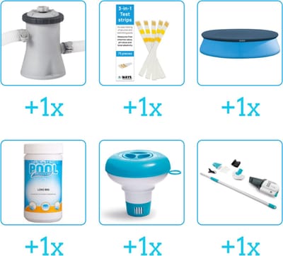 Accessoires voor Intex Easy Set Zwembad - 305x61 cm - Rond - Opblaasbaar - Intex - 28116NP - Zwembadfilterpomp - Testrips - Afdekzeil - Chloor - Chloordrijver - Stofzuiger
