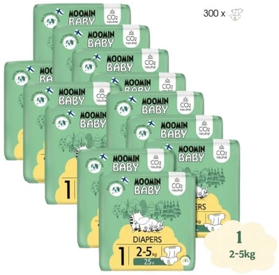 Moomin Baby Eco Wegwerpluiers - 300 Stuks - Maat 1 - 2 t/m 5 kg – Hypoallergeen – Gevoelige Huid – Parfumvrij - MaandBox