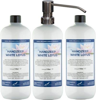 Handzeep White Lotus 1 liter - set van 3 stuks - met gratis RVS zilverkleurige pomp - Voordeelverpakking