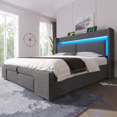 Wishdor Gestoffeerd Bed - 140 x 200 cm - Ledverlichting met Afstandsbediening - Usb en Usb-C - Hydraulische Opbergruimte - Linnen Grijs - Inclusief 7-Zones Pocketvering Matras H3 - Compleet Smart Slaapsysteem voor Moderne Slaapkamer