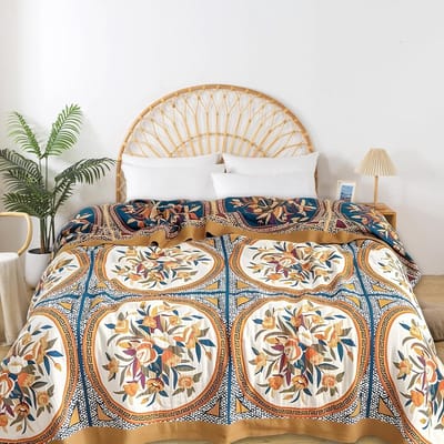 Luxe Katoenen Plaid voor Bed en Bank - Rustieke Bloemendeken voor Elk Seizoen (207x229 cm)