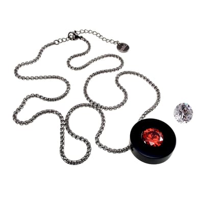 Jasseron Ketting met zwarte PVD Hanger met Verwisselbare Zirkonia Transparant en Rood, RVS, Dames - Verstelbaar 50-55cm
