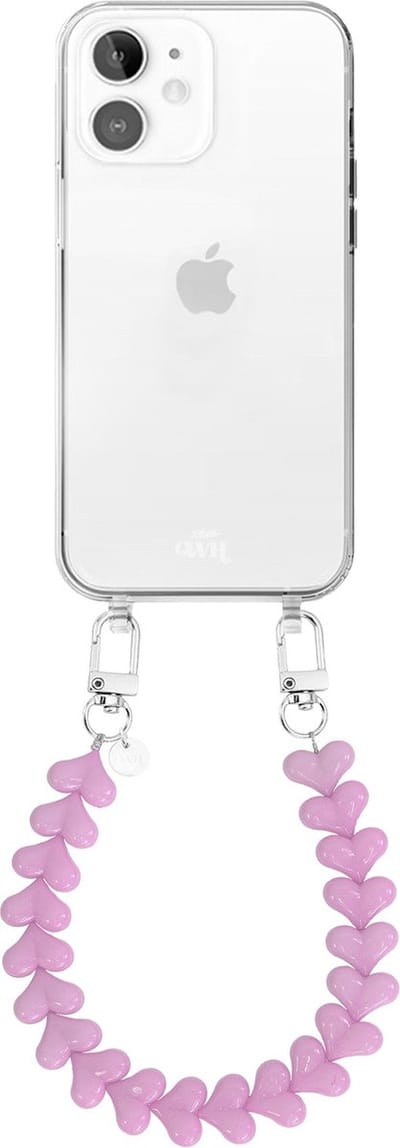 xoxo Wildhearts siliconen hoesje - Geschikt voor iPhone 12 hoesje - Funky Hearts - Telefoonhoesje - Hoesje met koord - roze koord - kort telefoonkoord - Hartjes ketting - Transparant hoesje