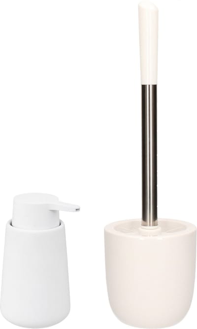 Excellent Houseware WC-/toiletborstel en houder dolomiet/metaal wit met zeeppompje 250 ml