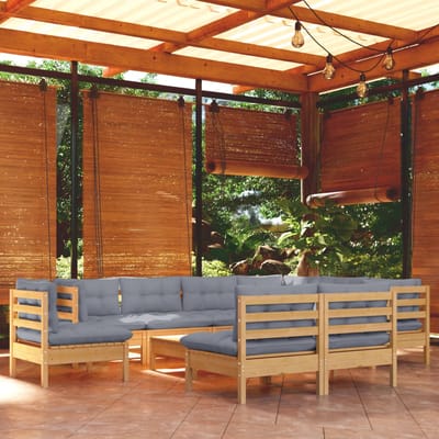 vidaXL - 10-delige - Loungeset - met - grijze - kussens - massief - grenenhout